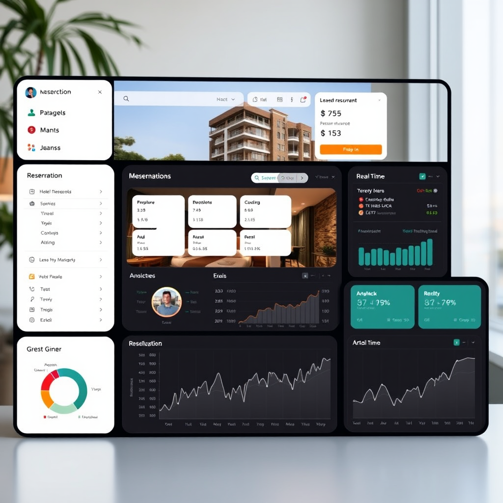 Modern hotel property management system dashboard showing reservation management, guest check-in interface, and real-time analytics on multiple screens