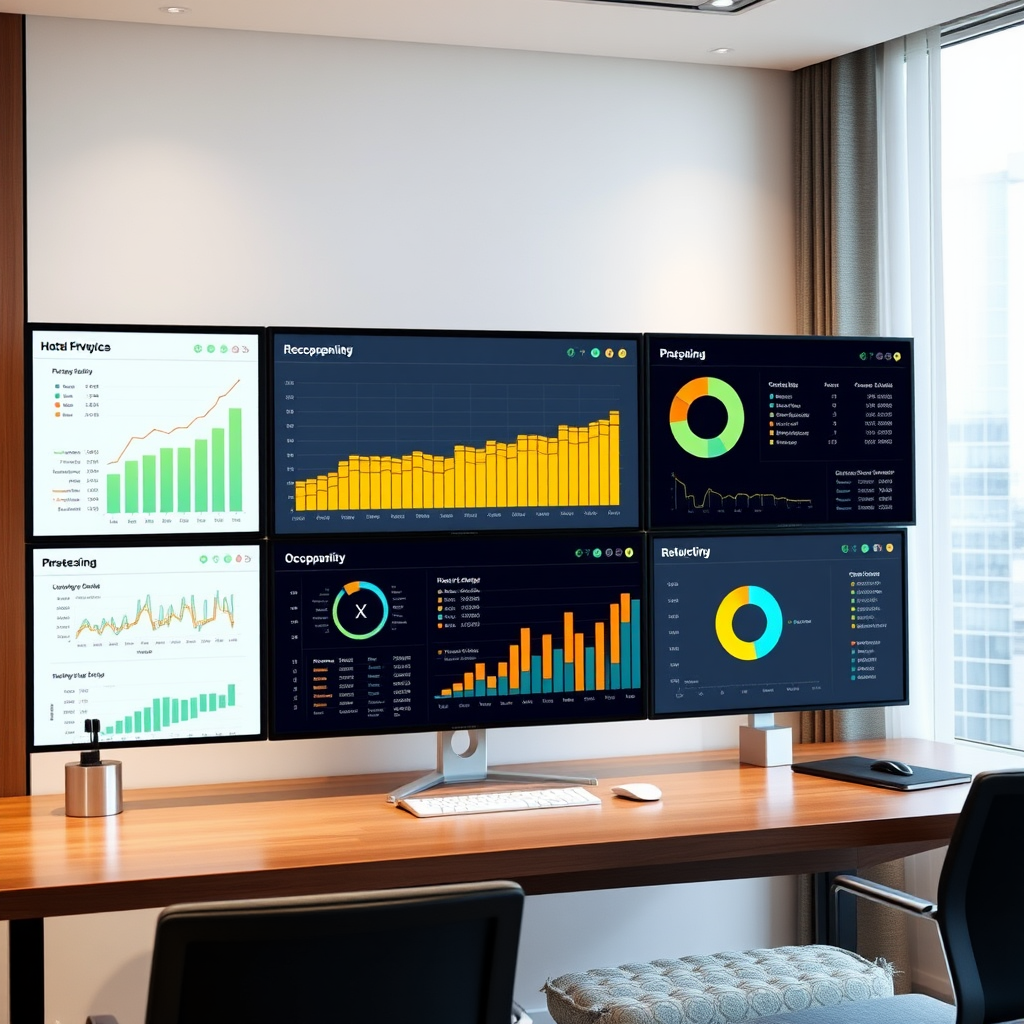 Modern hotel analytics dashboard displaying real-time revenue metrics, occupancy rates, and guest preference data on multiple screens in a contemporary hotel management office