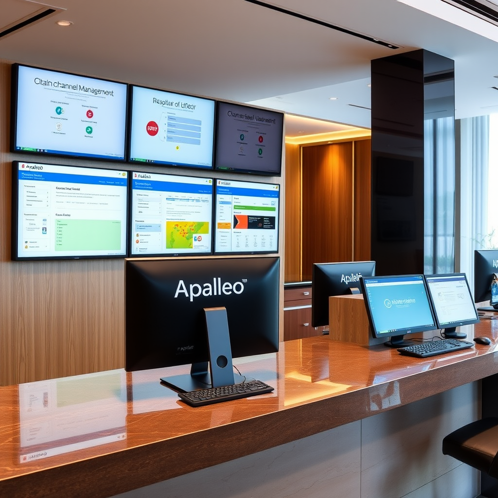 Modern hotel reception desk with multiple computer screens showing Apaleo PMS interface connected to various booking platforms and channel management systems, representing seamless technology integration in hospitality