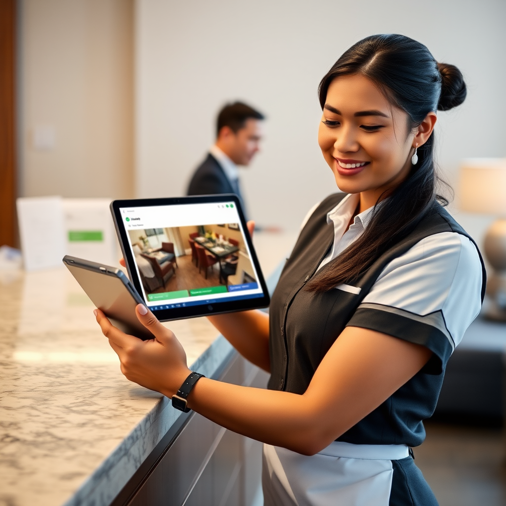 Hotel staff member using tablet with Apaleo PMS mobile interface at hotel front desk, showing check-in process and room management dashboard