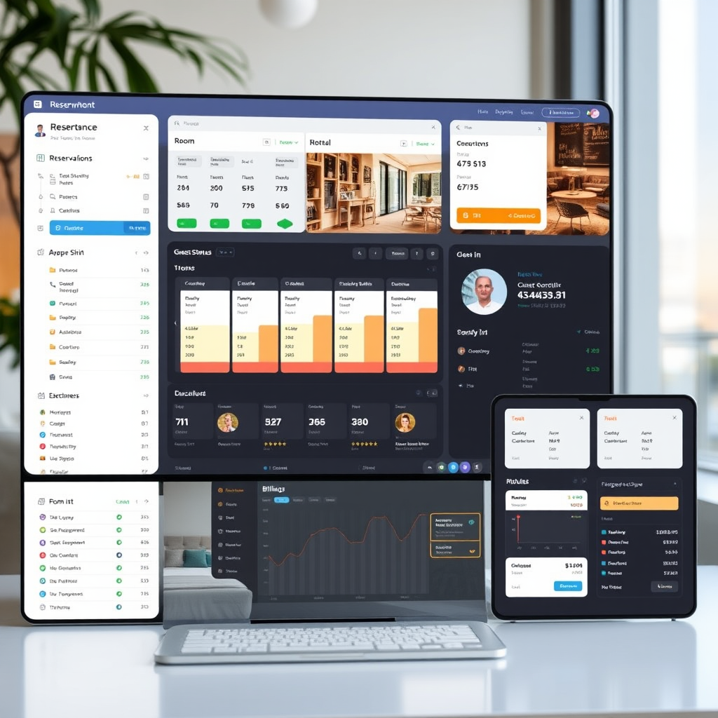 Modern hotel property management system dashboard showing real-time reservations, room status grid, guest check-in interface, and integrated billing modules on multiple screens