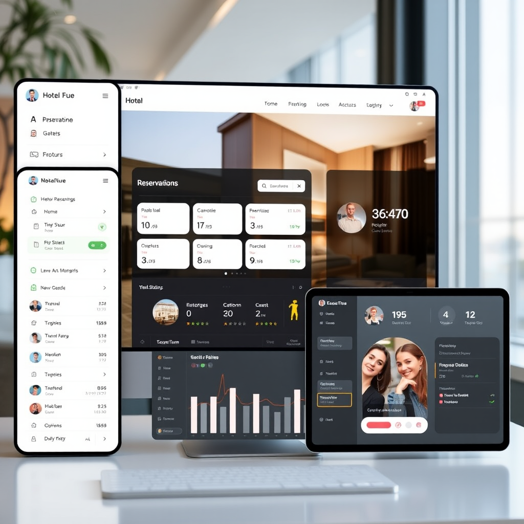 Modern hotel property management system dashboard showing real-time reservations, room status, and guest check-in interface on multiple screens
