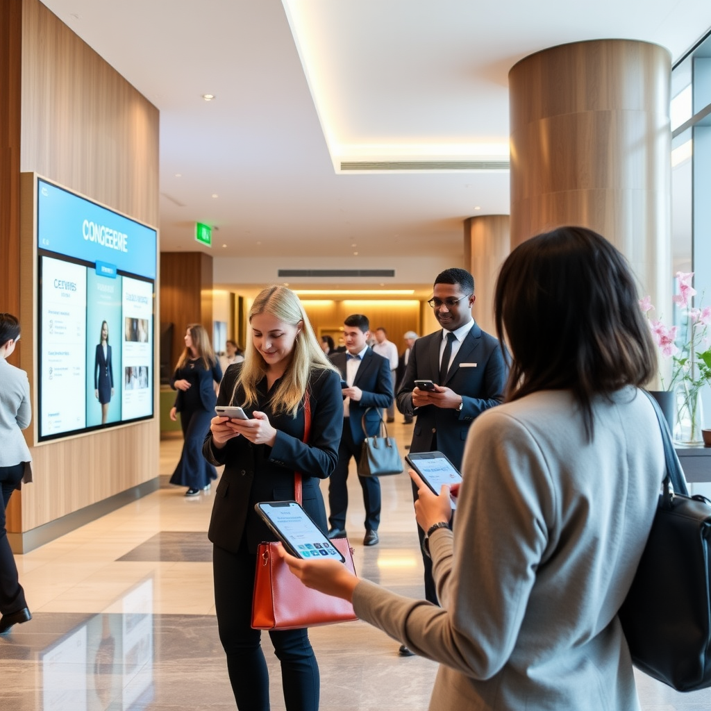 Modern hotel lobby with guests using mobile devices for check-in, digital concierge screens, and staff providing personalized service