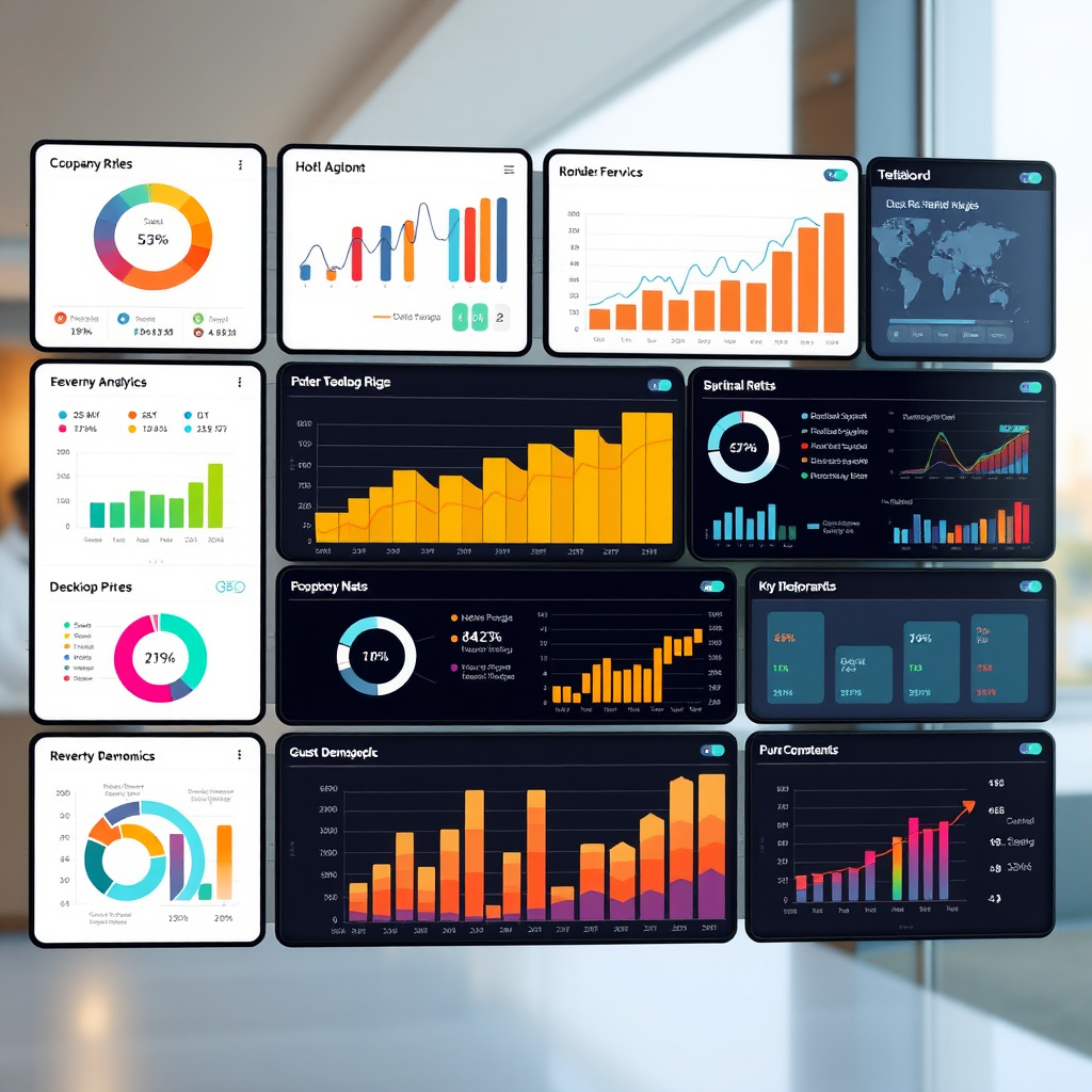 Modern hotel revenue analytics dashboard showing colorful charts, graphs, and key performance indicators on multiple screens with occupancy rates, revenue trends, and guest demographic data visualizations