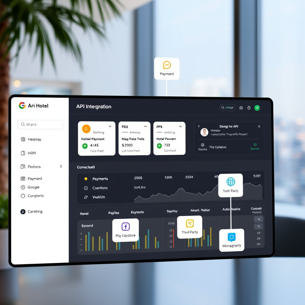 Modern hotel management dashboard showing API integration interface with multiple connected systems including payment processors, accounting software, and third-party applications