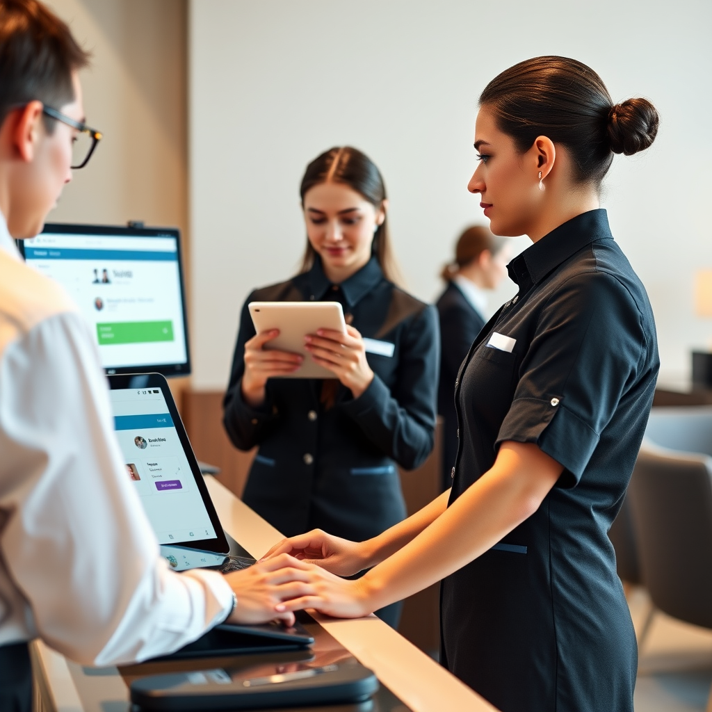Professional hotel staff members using Apaleo PMS system at front desk, showing check-in process and guest management interface on modern tablets and computers