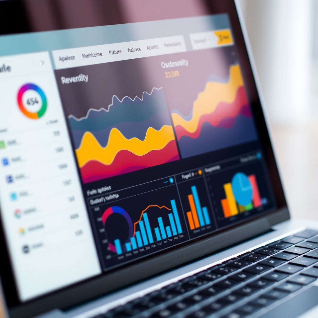 Close-up view of Apaleo PMS analytics dashboard showing colorful charts and graphs with revenue trends, occupancy statistics, and guest satisfaction metrics on a laptop screen