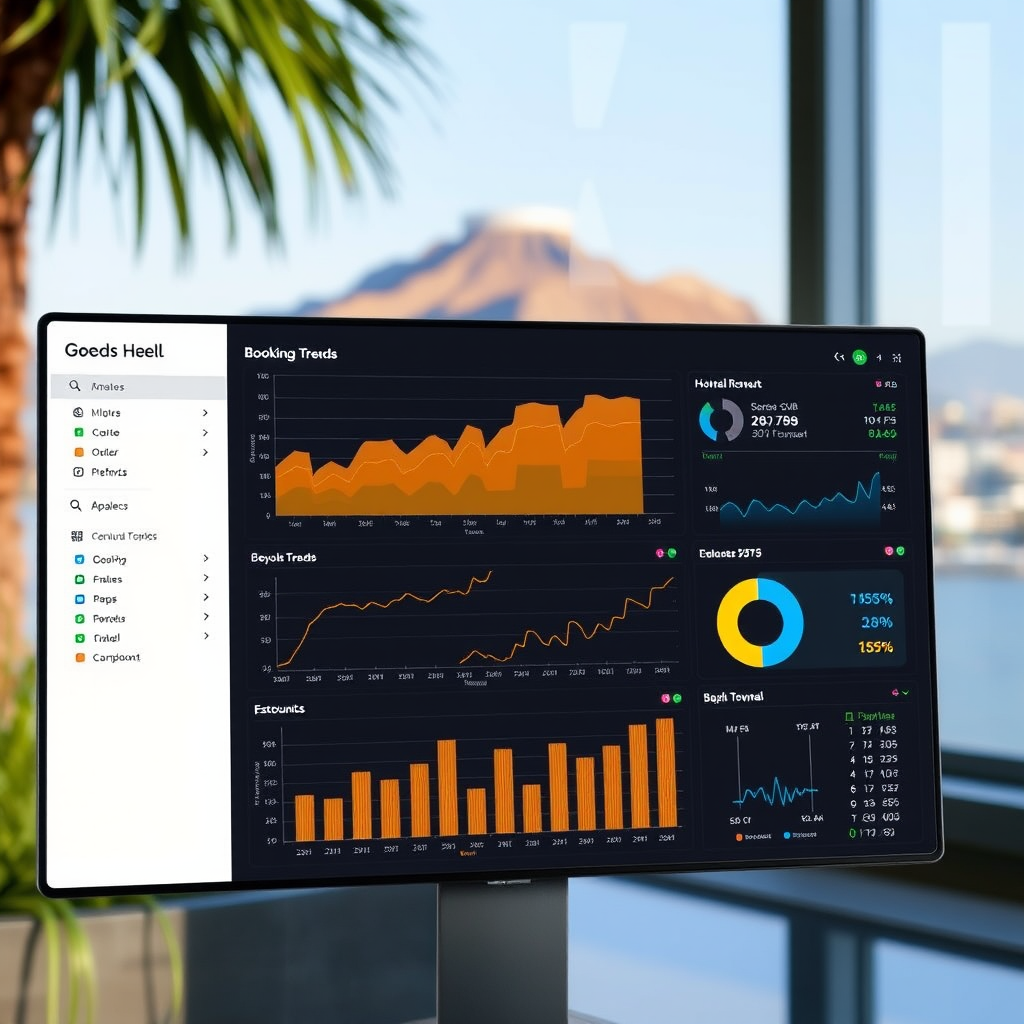 Hotel revenue management dashboard displaying real-time analytics, booking trends, and channel performance metrics across multiple platforms integrated with Apaleo PMS system