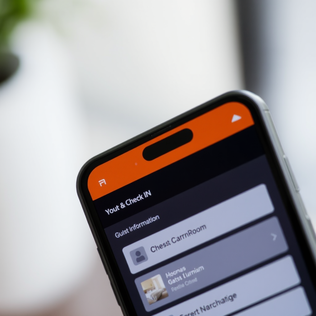 Close-up view of smartphone displaying Apaleo PMS mobile check-in interface with guest information and room selection options