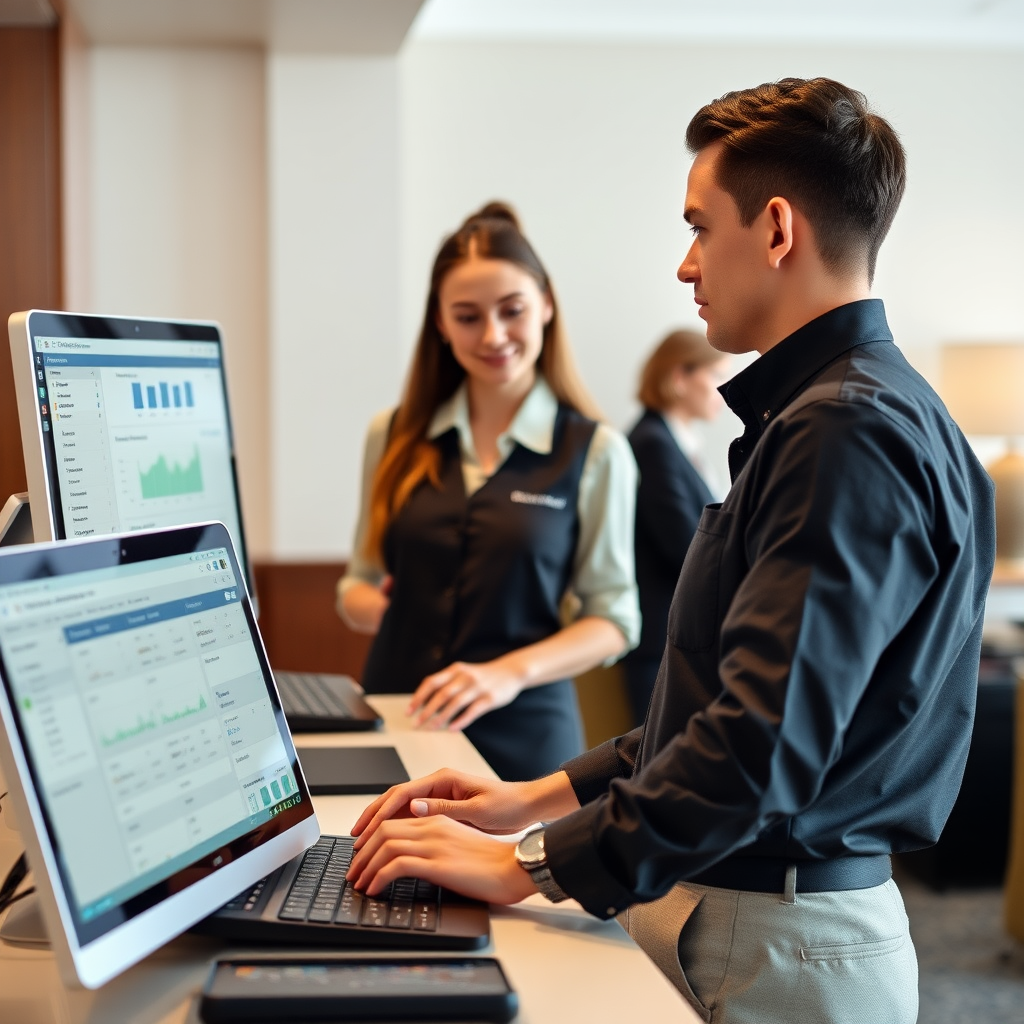 Hotel front desk staff efficiently managing guest check-ins and reservations using the property management system on desktop and tablet devices