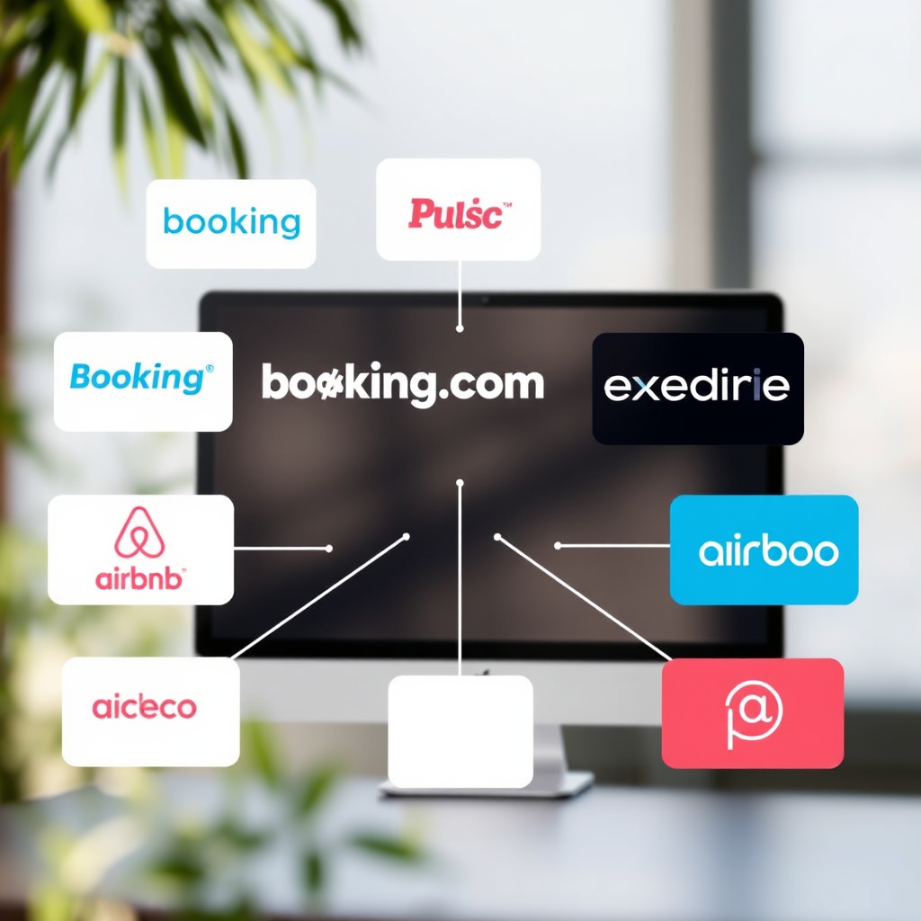 Visual representation of major booking platforms like Booking.com, Expedia, Airbnb, and others connected through Apaleo PMS channel management system