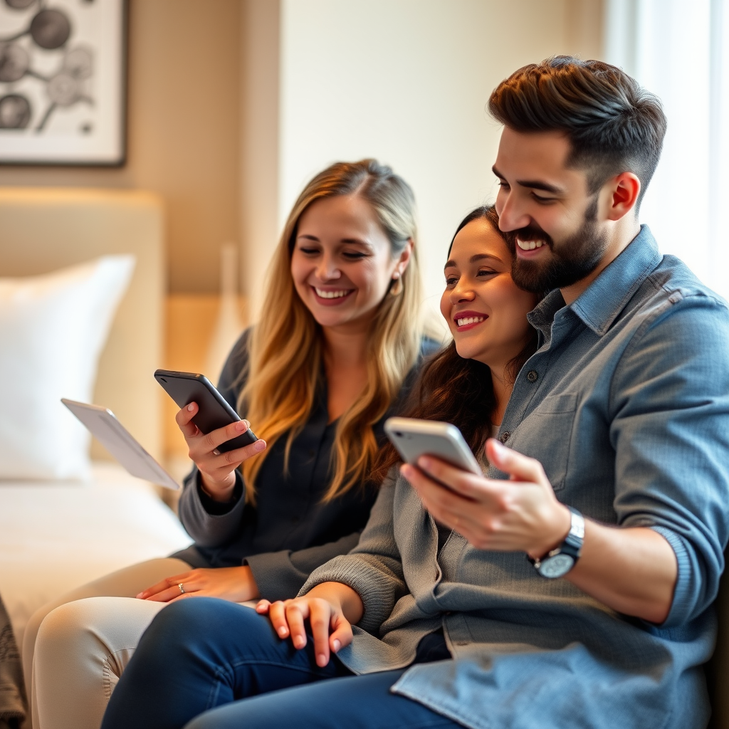 Satisfied hotel guests using mobile app for room service, digital key access, and concierge services while enjoying their stay