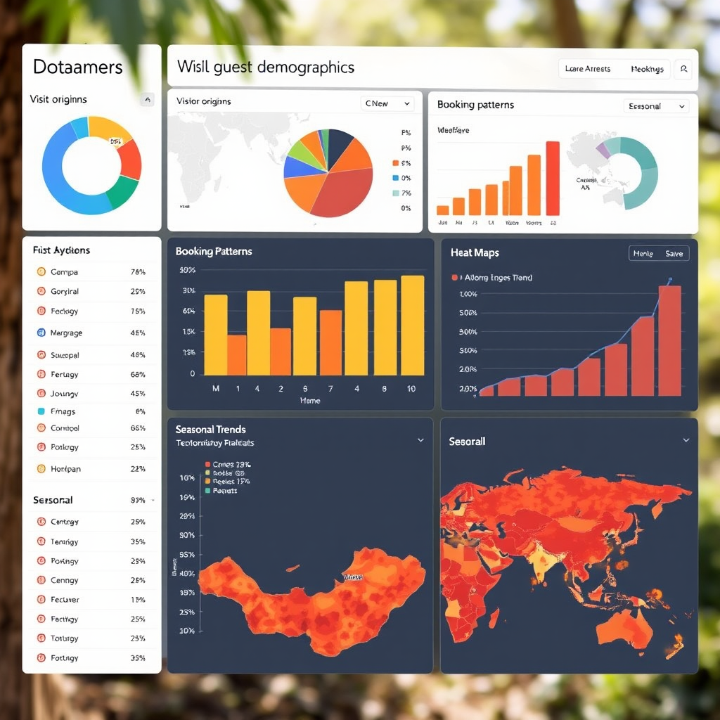 Detailed guest demographics analytics interface displaying pie charts, bar graphs, and heat maps showing visitor origins, age groups, booking patterns, and seasonal trends with interactive filtering options