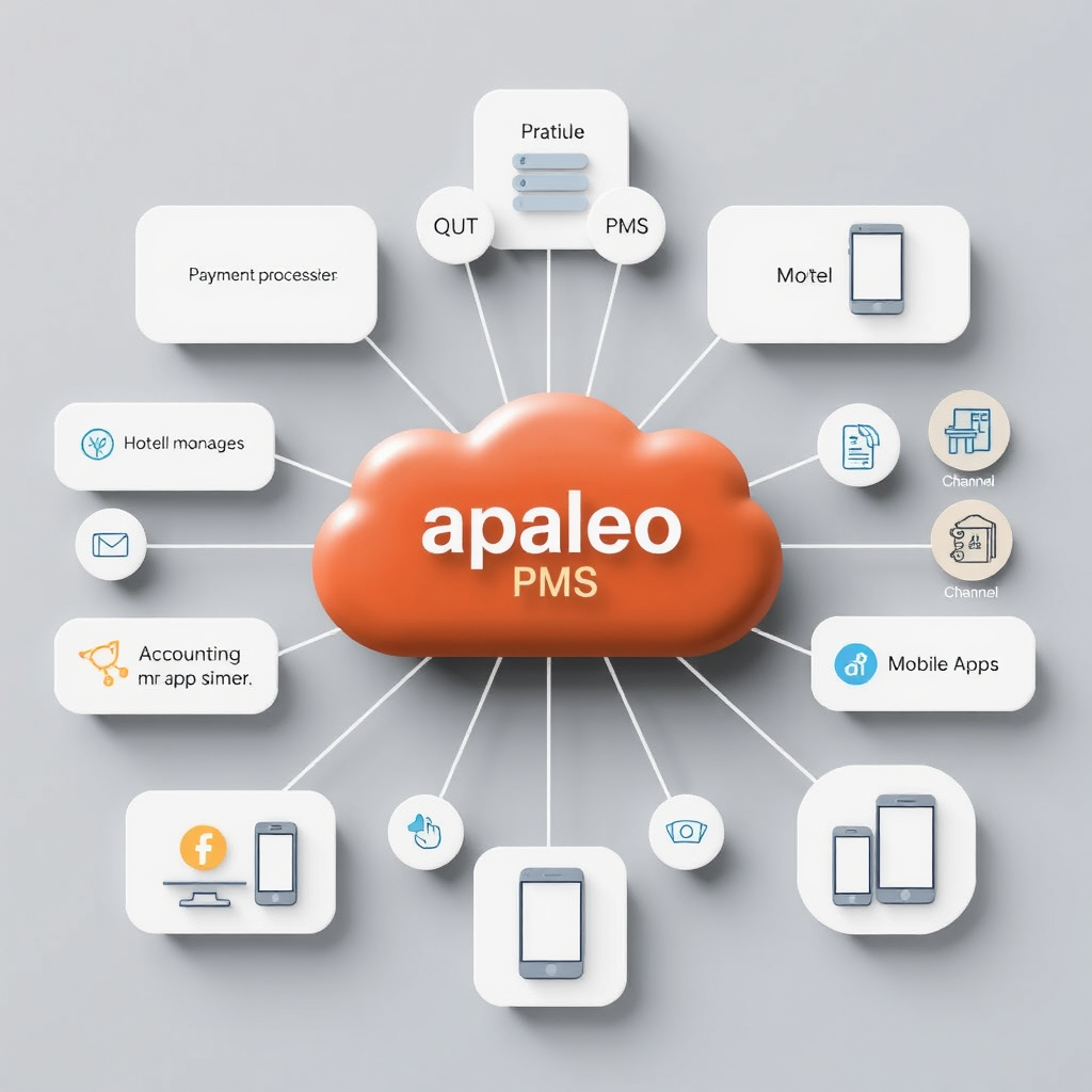 Comprehensive diagram showing apaleo PMS at the center connected to various hospitality technology systems including payment processors, accounting software, channel managers, and mobile applications
