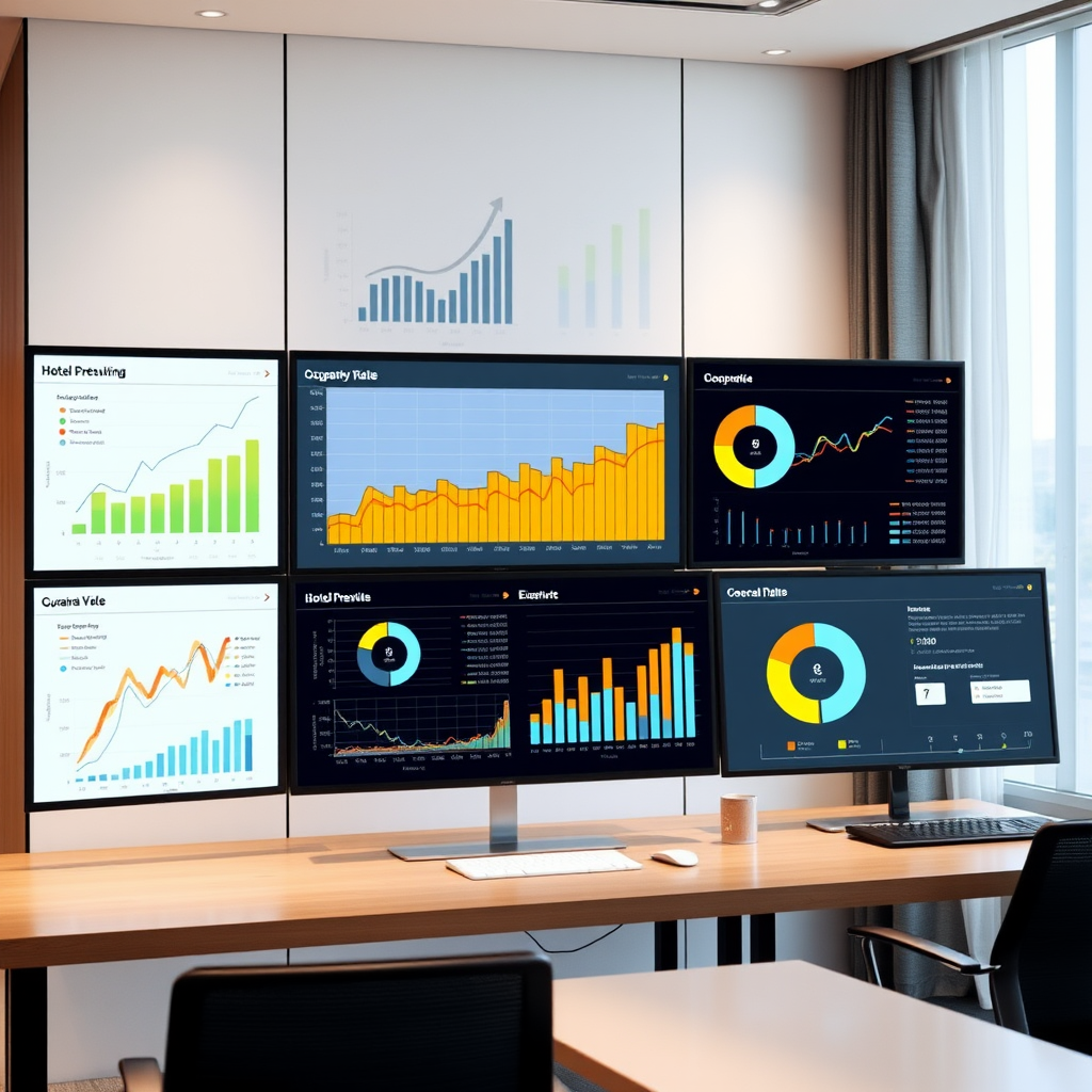 Modern hotel analytics dashboard showing revenue optimization charts, occupancy rates graphs, and guest preference data visualization on multiple screens in a contemporary hotel management office