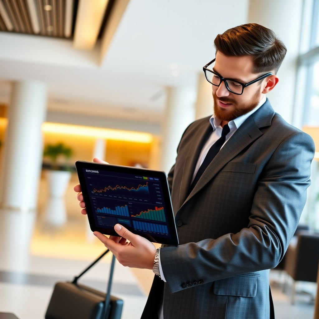 Hotel manager reviewing performance metrics on tablet showing improved revenue and efficiency statistics in modern hotel lobby setting