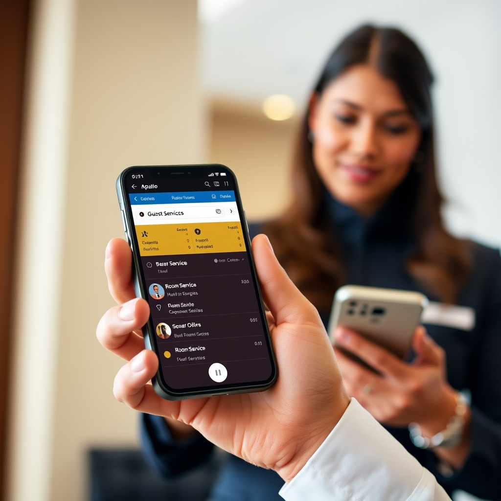 Hotel concierge using smartphone with Apaleo PMS guest services dashboard showing active requests, room service orders, and communication tools