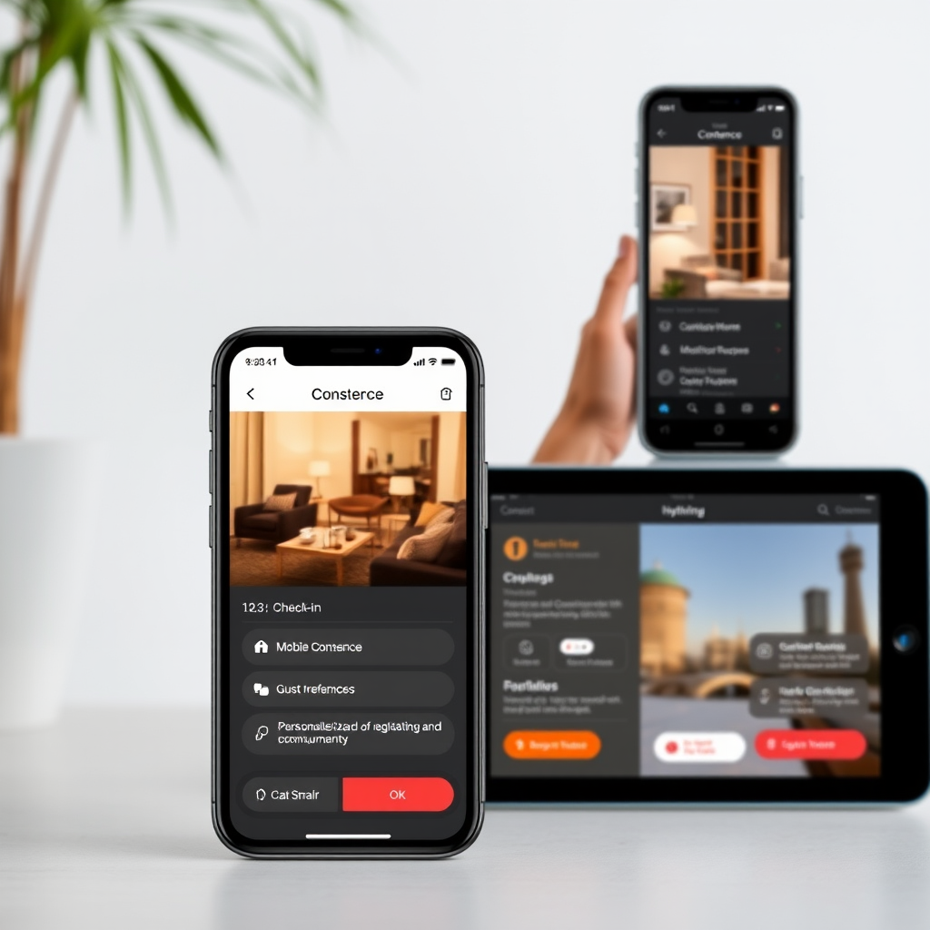 Mobile app interface showing digital concierge services, mobile check-in process, personalized guest preferences, and automated communication features on smartphone and tablet screens