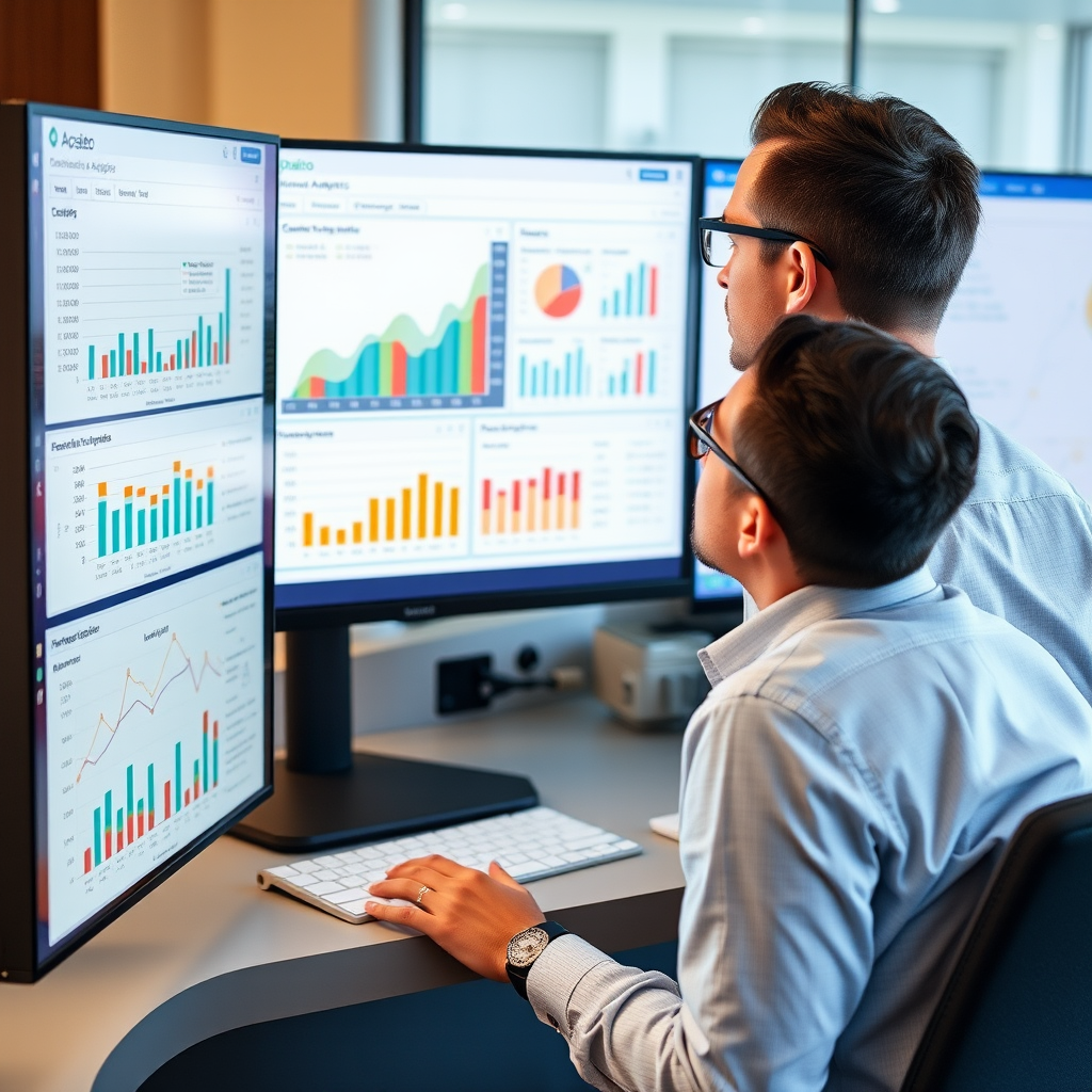 Professional hotel manager reviewing comprehensive revenue analytics reports on a large monitor, showing interactive charts, forecasting models, and performance benchmarks with the Apaleo PMS interface visible in the background