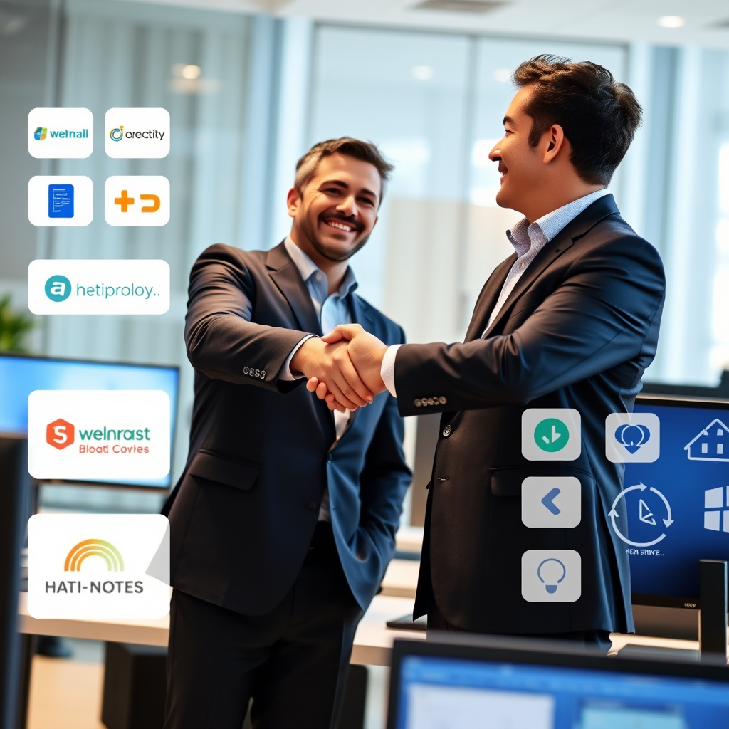 Professional handshake between business partners with multiple hotel booking platform logos and integration symbols displayed on computer screens in a modern technology office environment