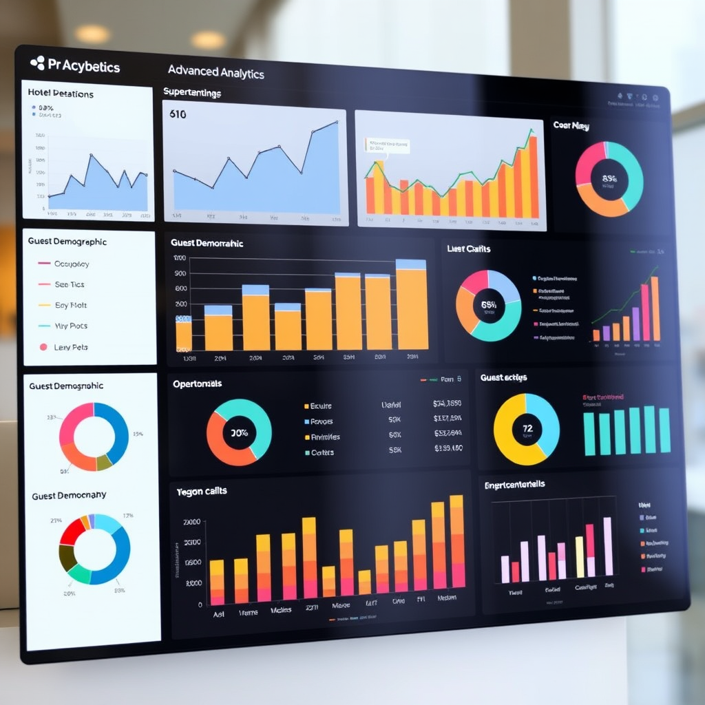 Advanced analytics dashboard displaying occupancy trend charts, revenue performance graphs, guest demographic pie charts, and operational metrics with colorful data visualizations
