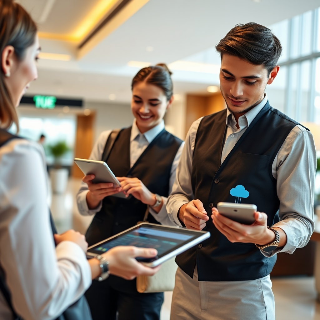 Hotel staff members using tablets and smartphones to manage guest check-ins and room assignments in a modern hotel lobby with cloud computing icons and mobile interface elements visible on screens