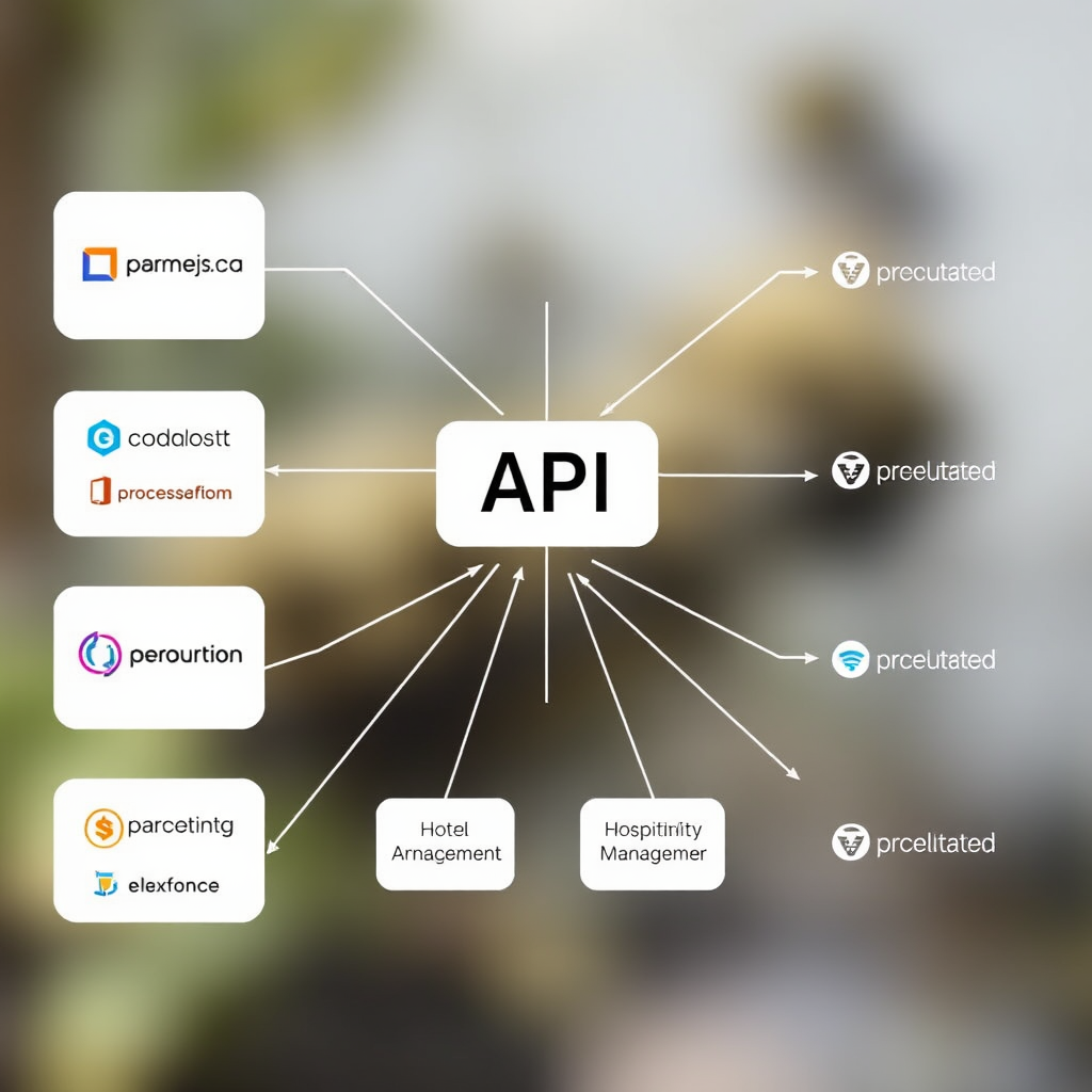 Technical diagram showing API connections between hotel management system and various third-party applications including payment processors, accounting software, and hospitality technology platforms